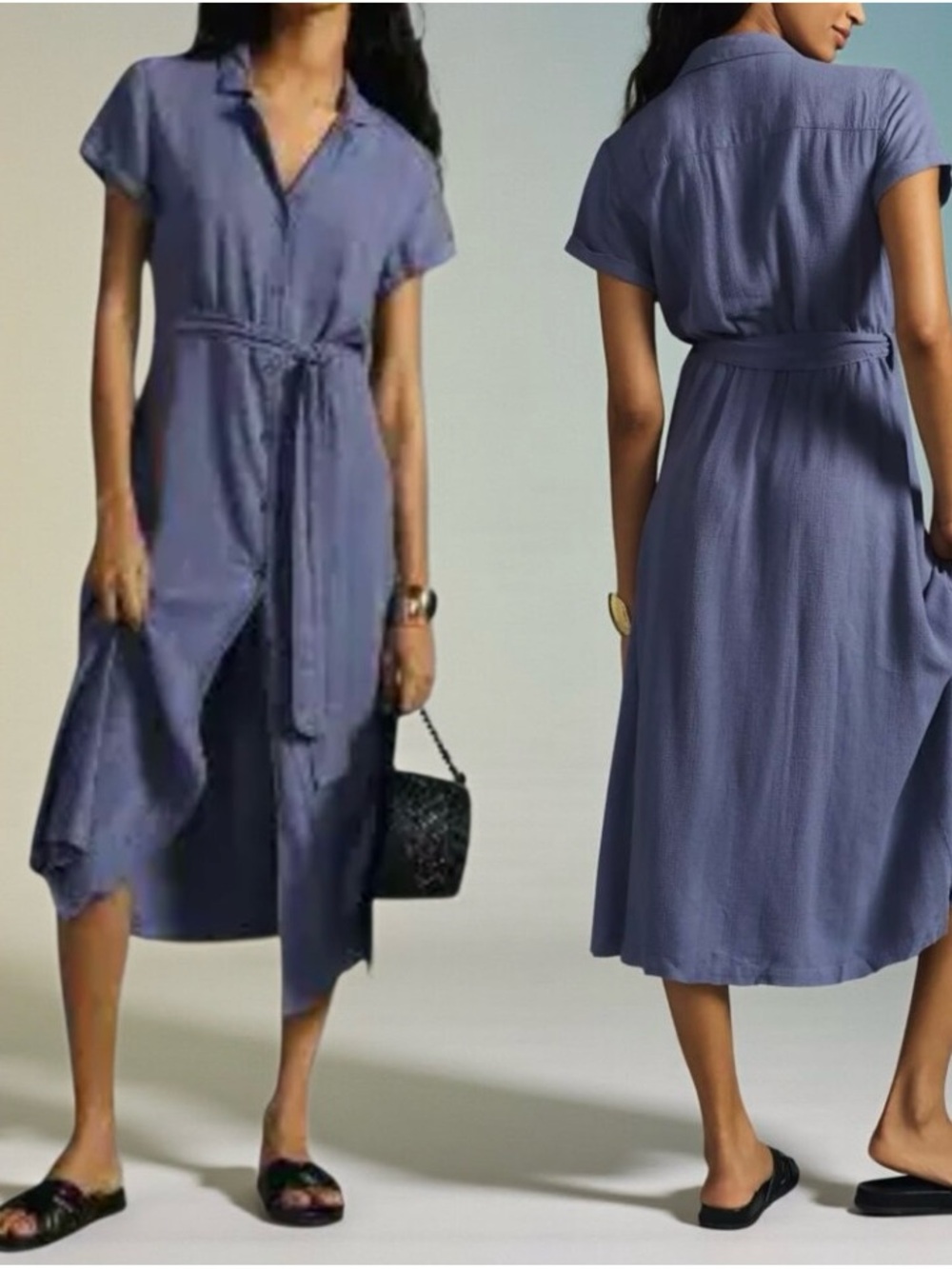 cloth & stone Casual Blue Midi Shirt Dress with Tie Waist